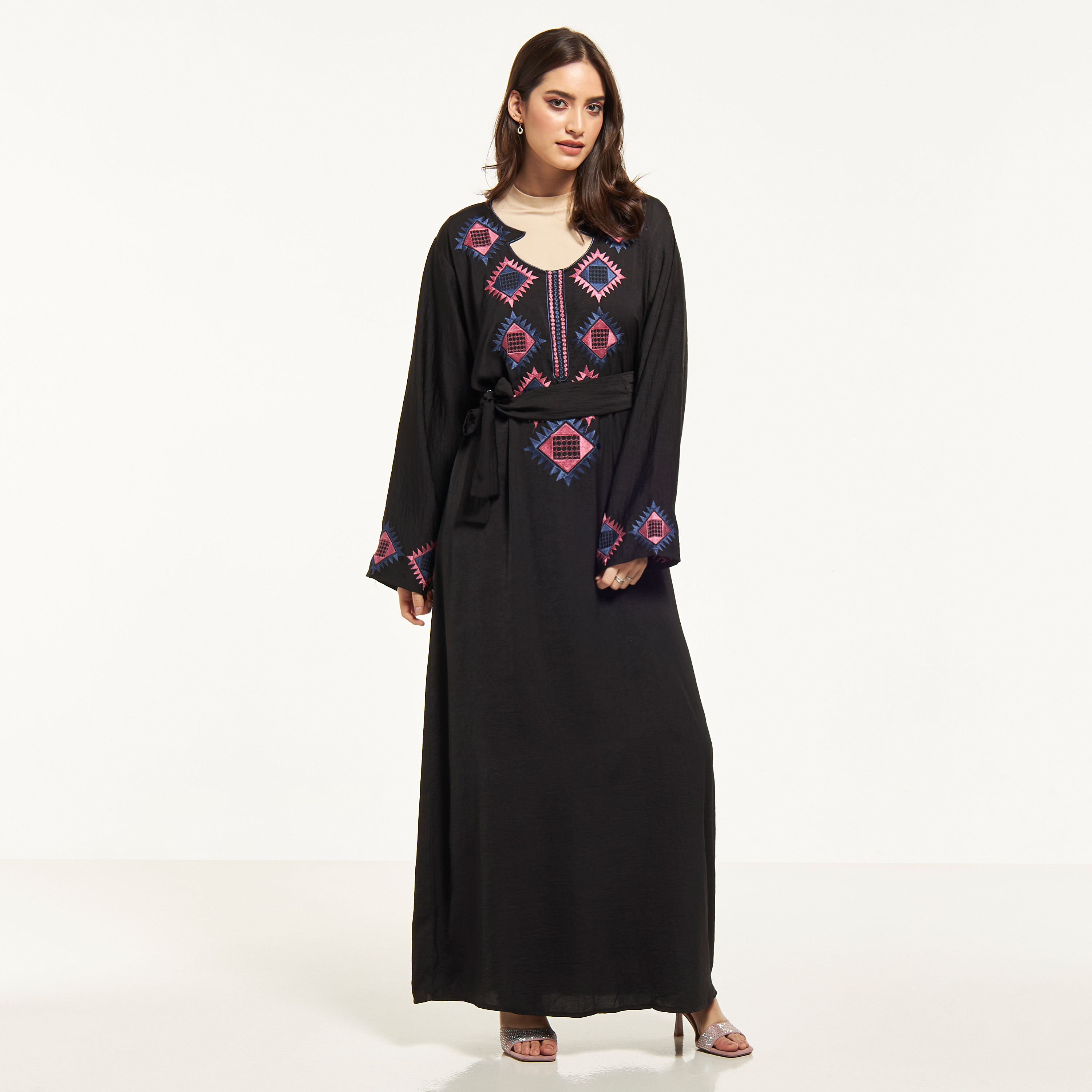 Malikah Embroidered Abaya with Tie-Up Belt-women-arabicclothing-abayas-image-1