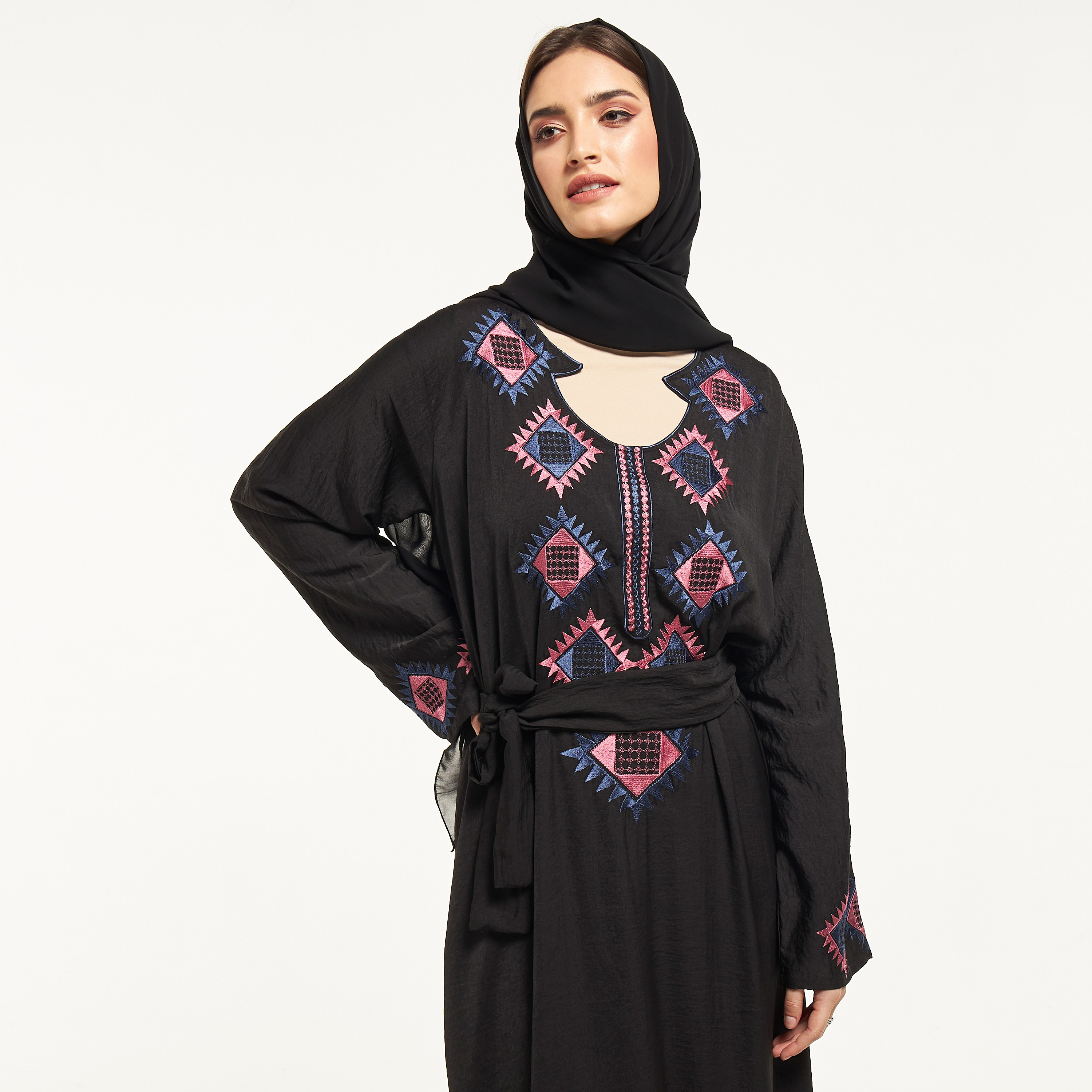 Malikah Embroidered Abaya with Tie-Up Belt-women-arabicclothing-abayas-image-2