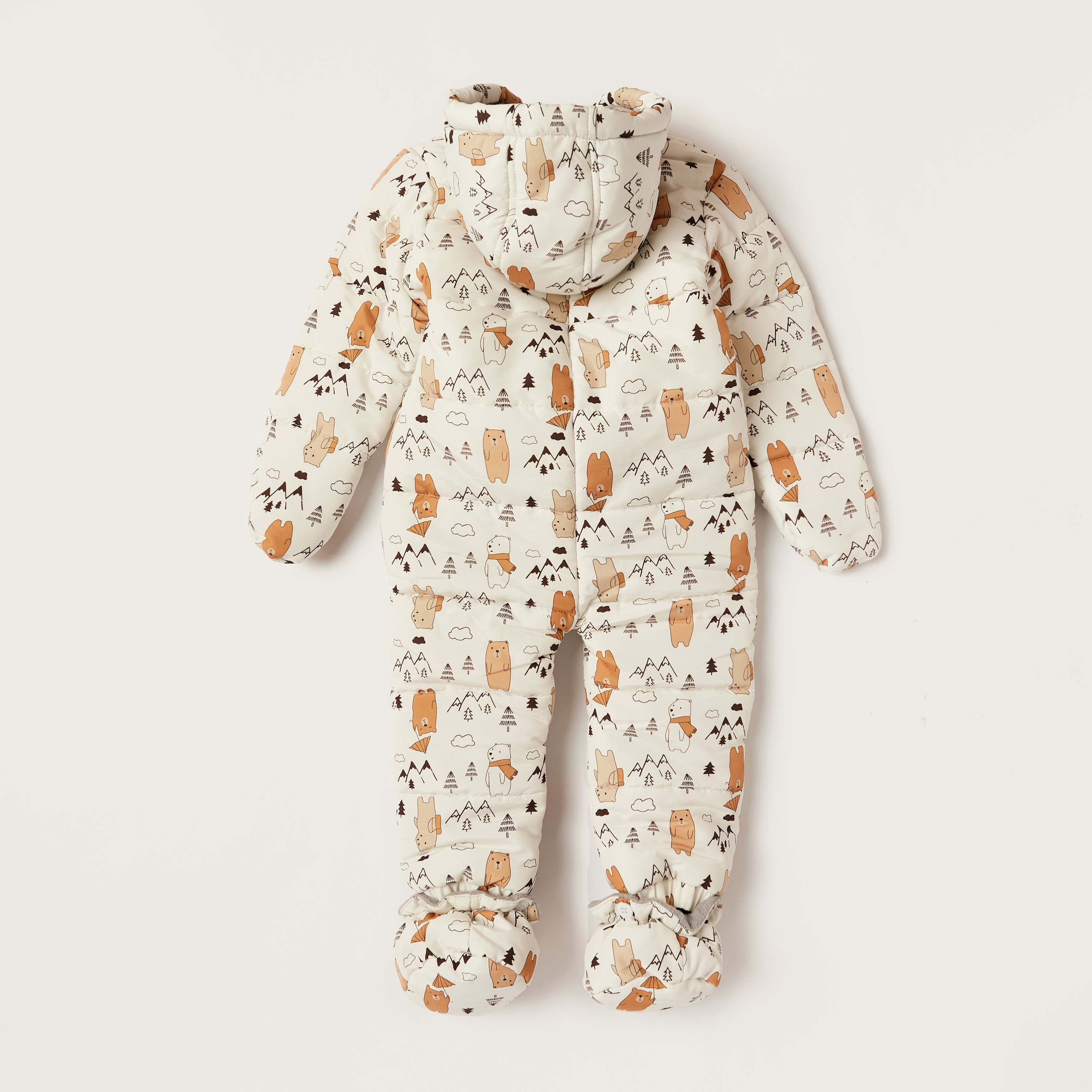 معطف مغلق القدمين بأكمام طويلة وقبعة وطبعات تزينه بالكامل من جونيورز-baby-boys-clothing-winterwear-rompers-image-2