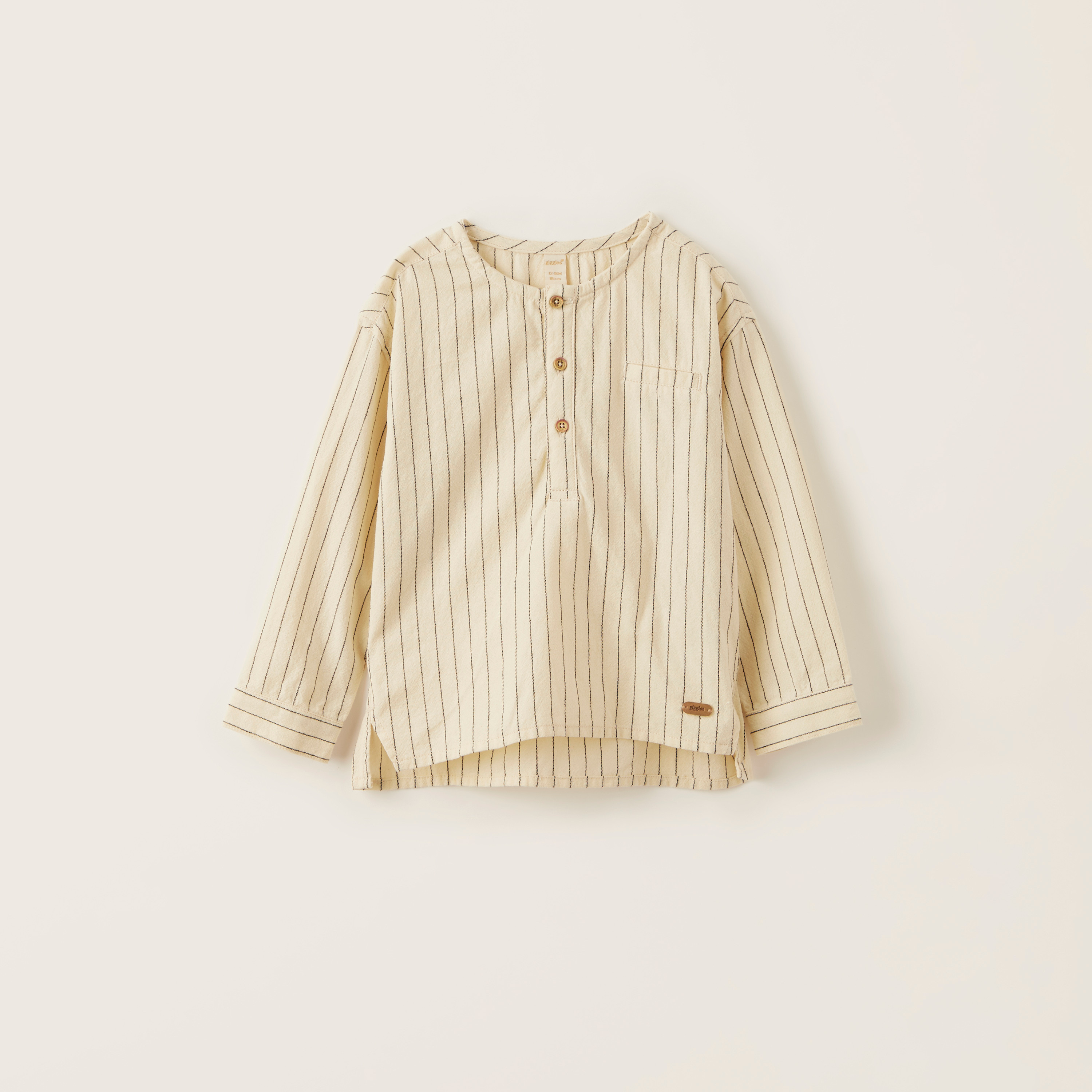 Giggles Striped Shirt with Henley Neck and Long Sleeves-baby-boys-clothing-shirts-image-1