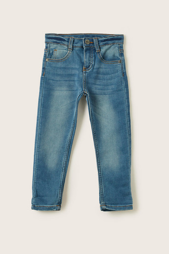 Juniors Solid Denim Pants with Pockets and Button Closure