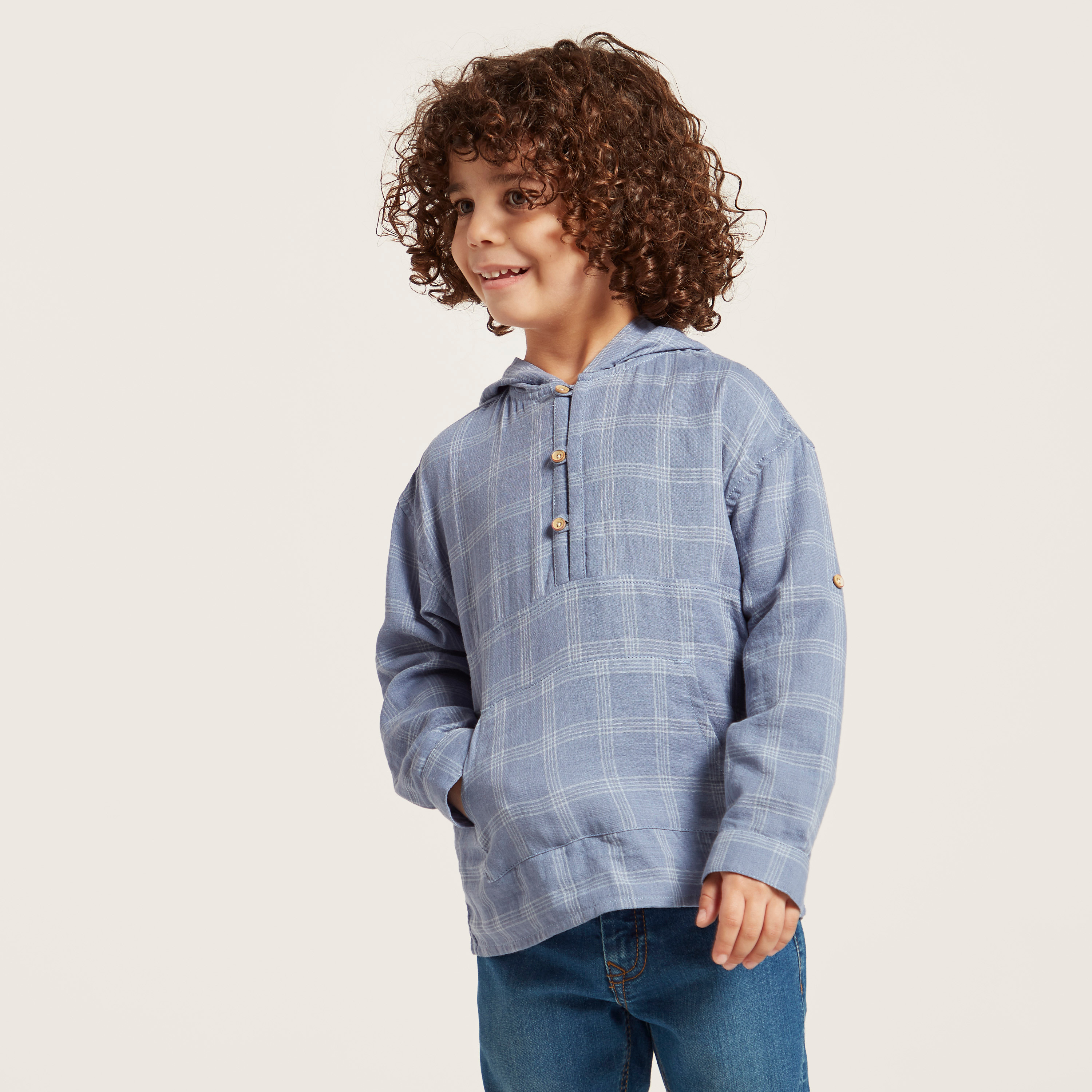 Checked Shirt with Long Sleeves and Hood-boys-clothing-shirts-image-2