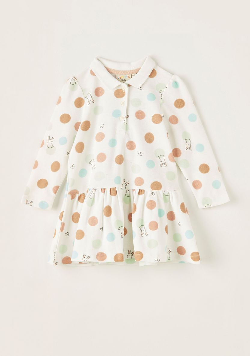 Juniors Polka Dot Print Knit Dress with Long Sleeves and Polo Neck-Dresses%2C Gowns and Frocks-image-0