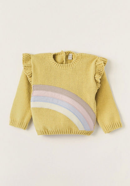 Giggles Textured Sweater with Rainbow Applique and Ruffle Detail