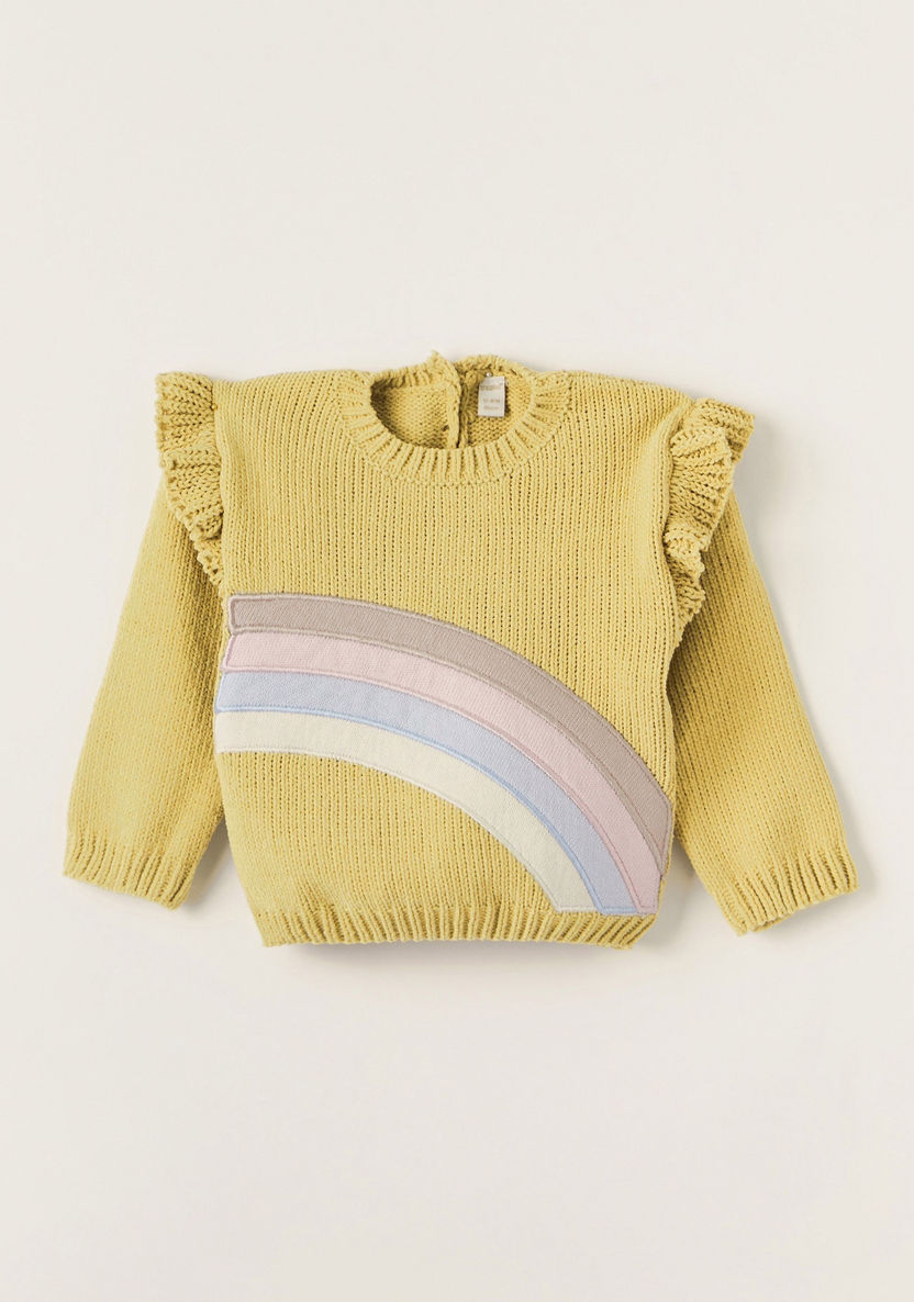 Giggles Textured Sweater with Rainbow Applique and Ruffle Detail-Sweaters and Cardigans-image-0