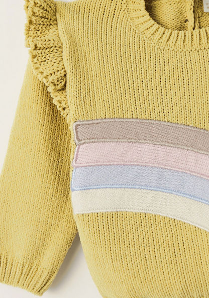 Giggles Textured Sweater with Rainbow Applique and Ruffle Detail