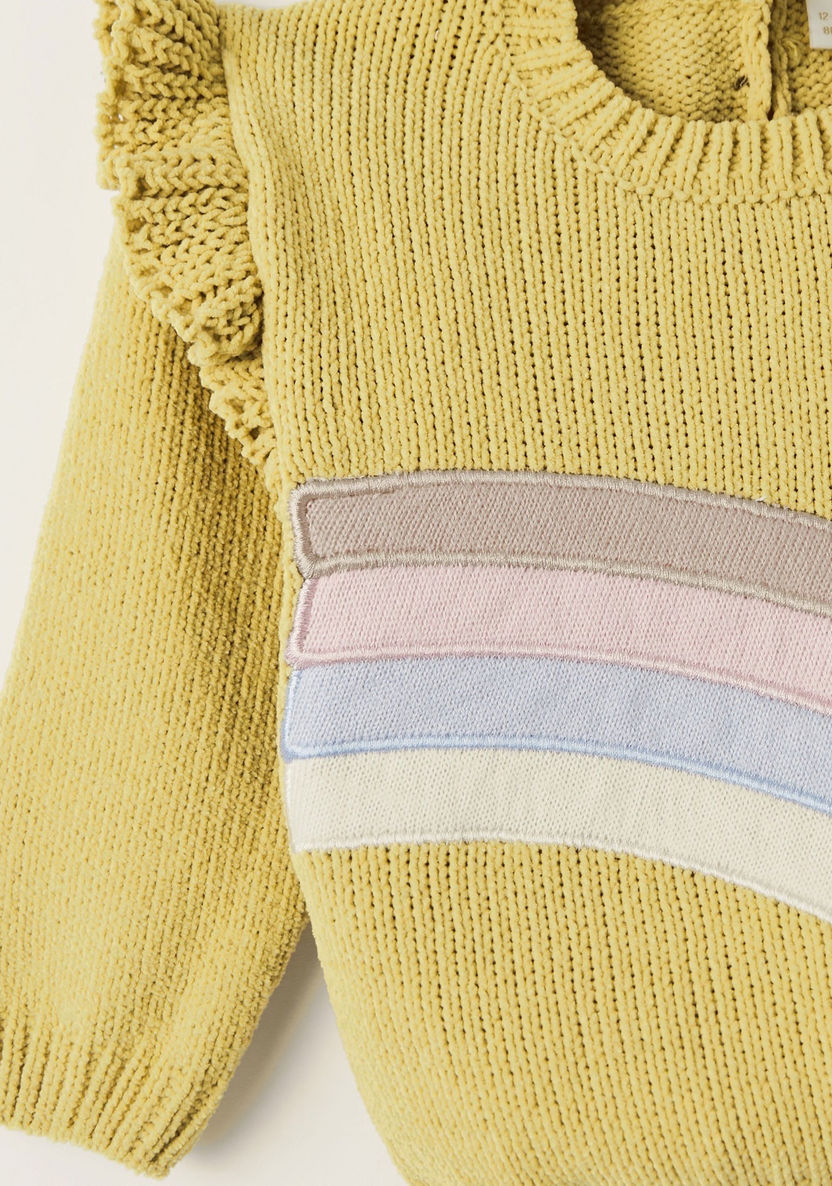 Giggles Textured Sweater with Rainbow Applique and Ruffle Detail-Sweaters and Cardigans-image-1