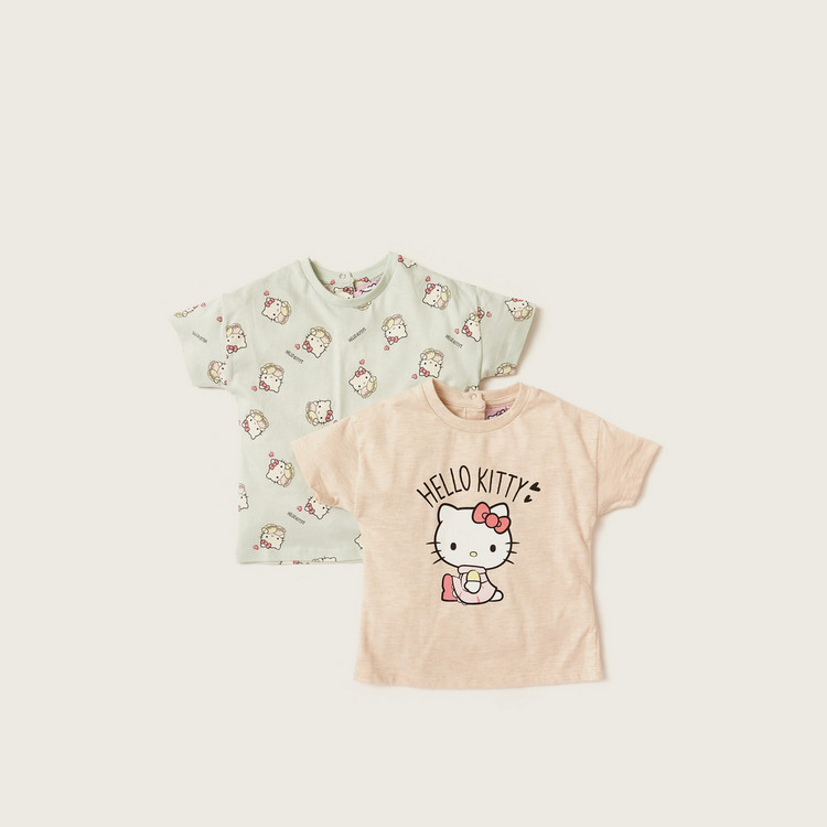 Sanrio Hello Kitty Print Crew Neck T-shirt with Cap Sleeves - Set of 2