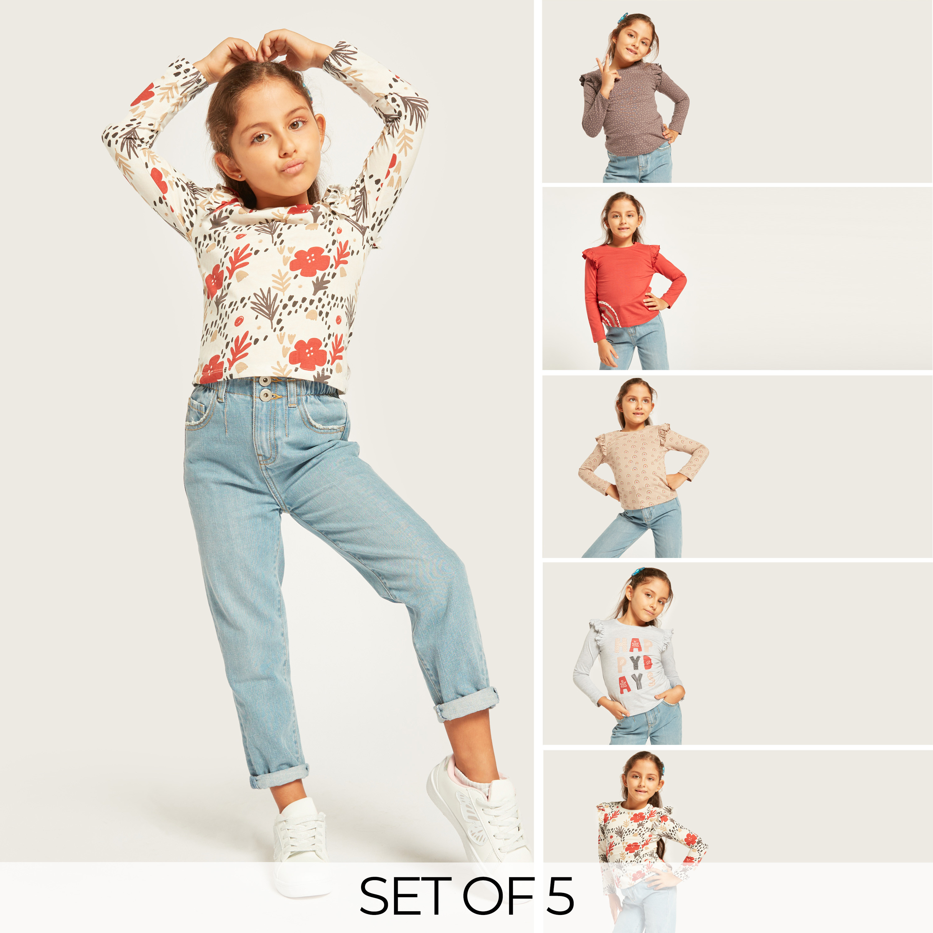Juniors Printed T-shirt with Long Sleeves and Ruffle Detail - Set of 5-girls-clothing-multipacks-image-1