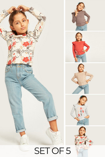 Juniors Printed T-shirt with Long Sleeves and Ruffle Detail - Set of 5