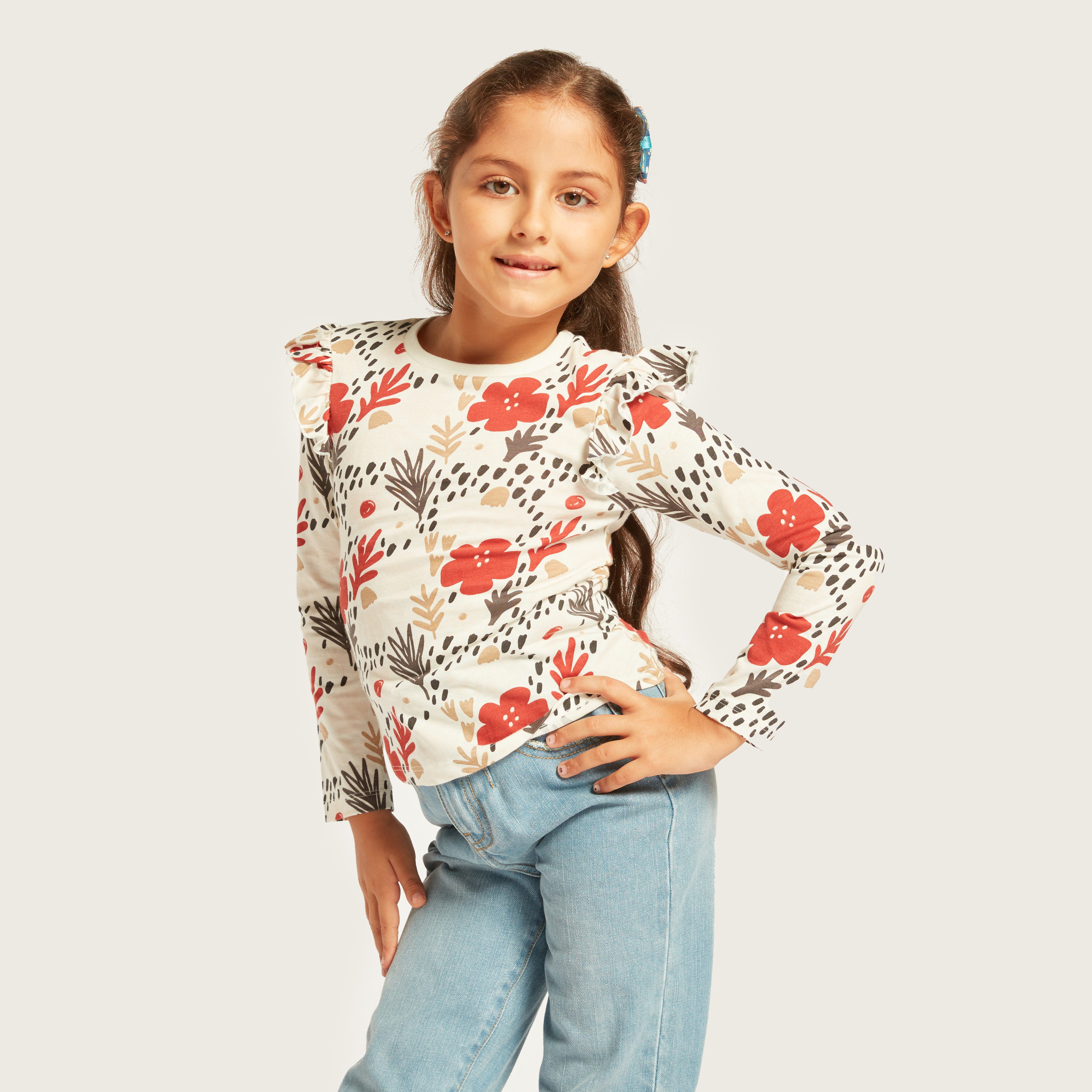 Juniors Printed T-shirt with Long Sleeves and Ruffle Detail - Set of 5-girls-clothing-multipacks-image-3