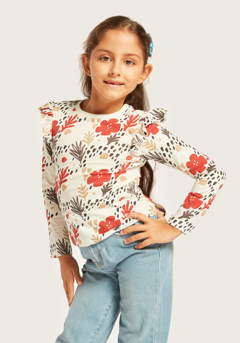 Juniors Printed T-shirt with Long Sleeves and Ruffle Detail - Set of 5-T Shirts-image-2