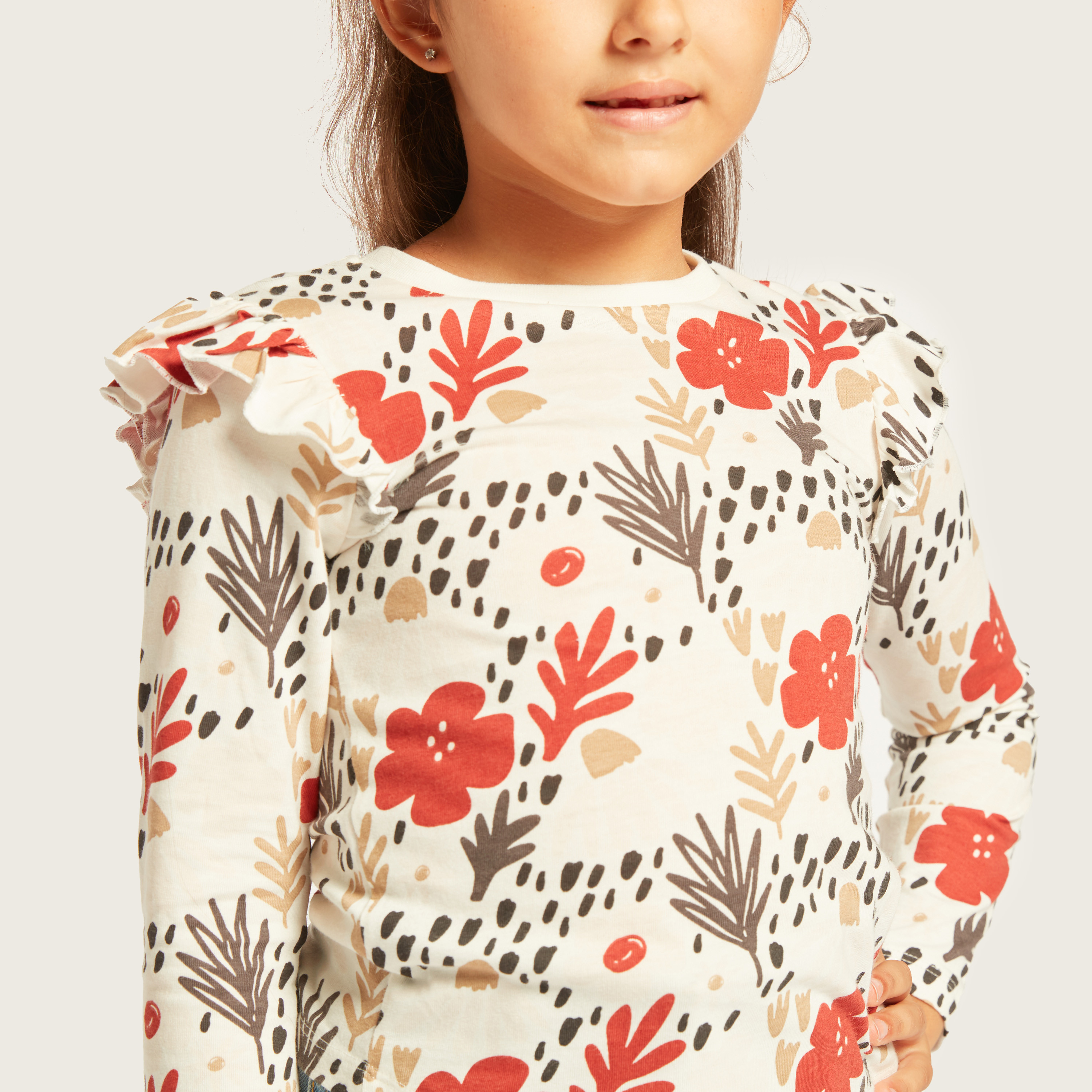 Juniors Printed T-shirt with Long Sleeves and Ruffle Detail - Set of 5-girls-clothing-multipacks-image-4