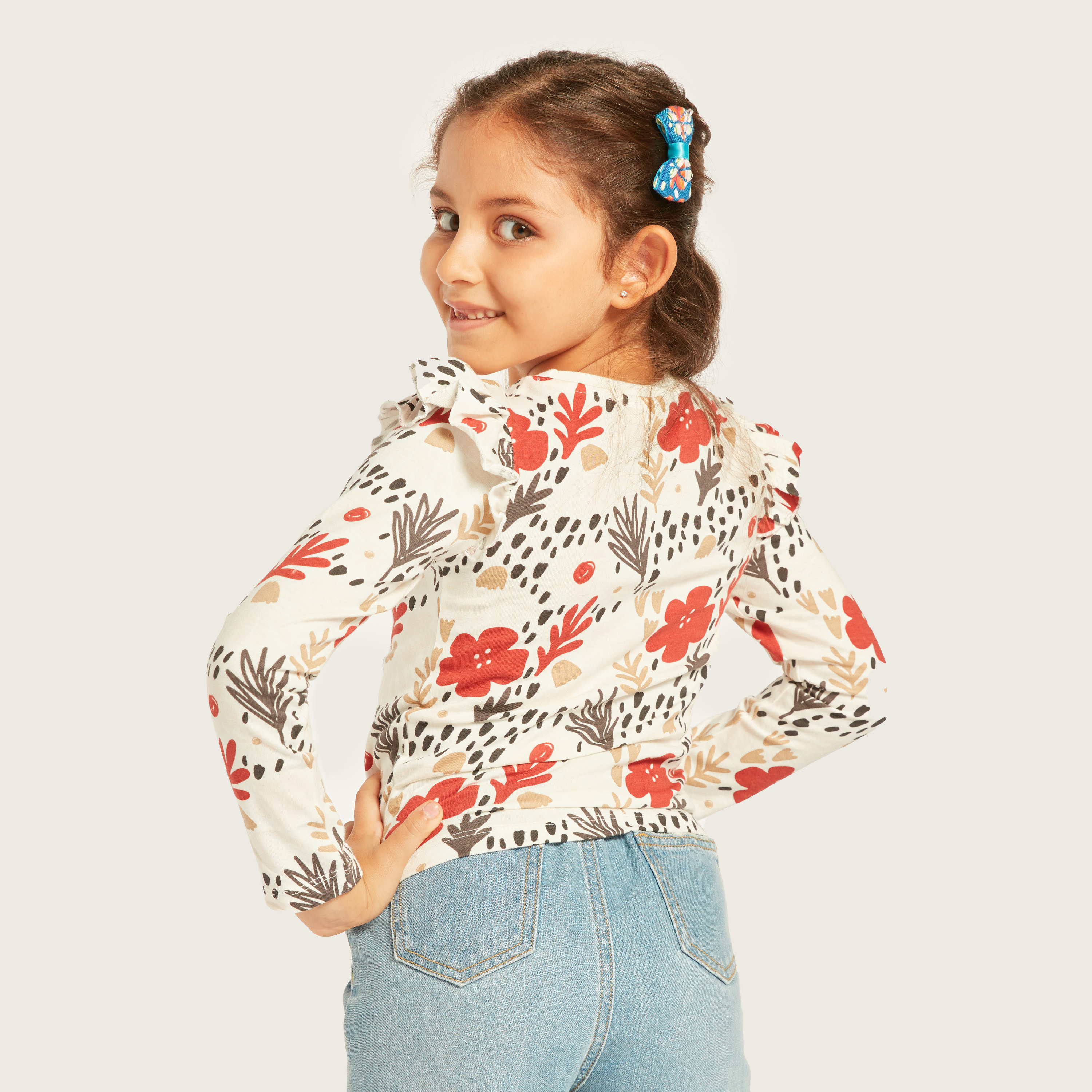 Juniors Printed T-shirt with Long Sleeves and Ruffle Detail - Set of 5-girls-clothing-multipacks-image-5