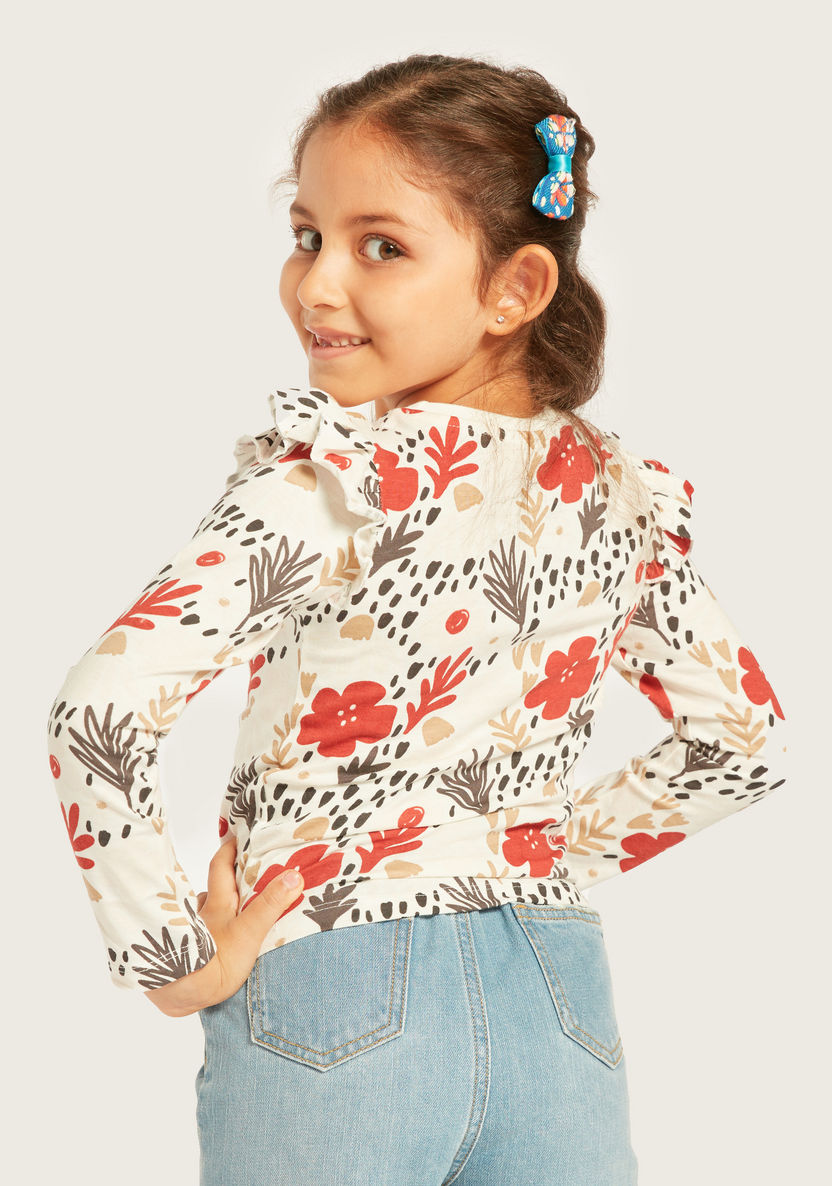 Juniors Printed T-shirt with Long Sleeves and Ruffle Detail - Set of 5-T Shirts-image-4
