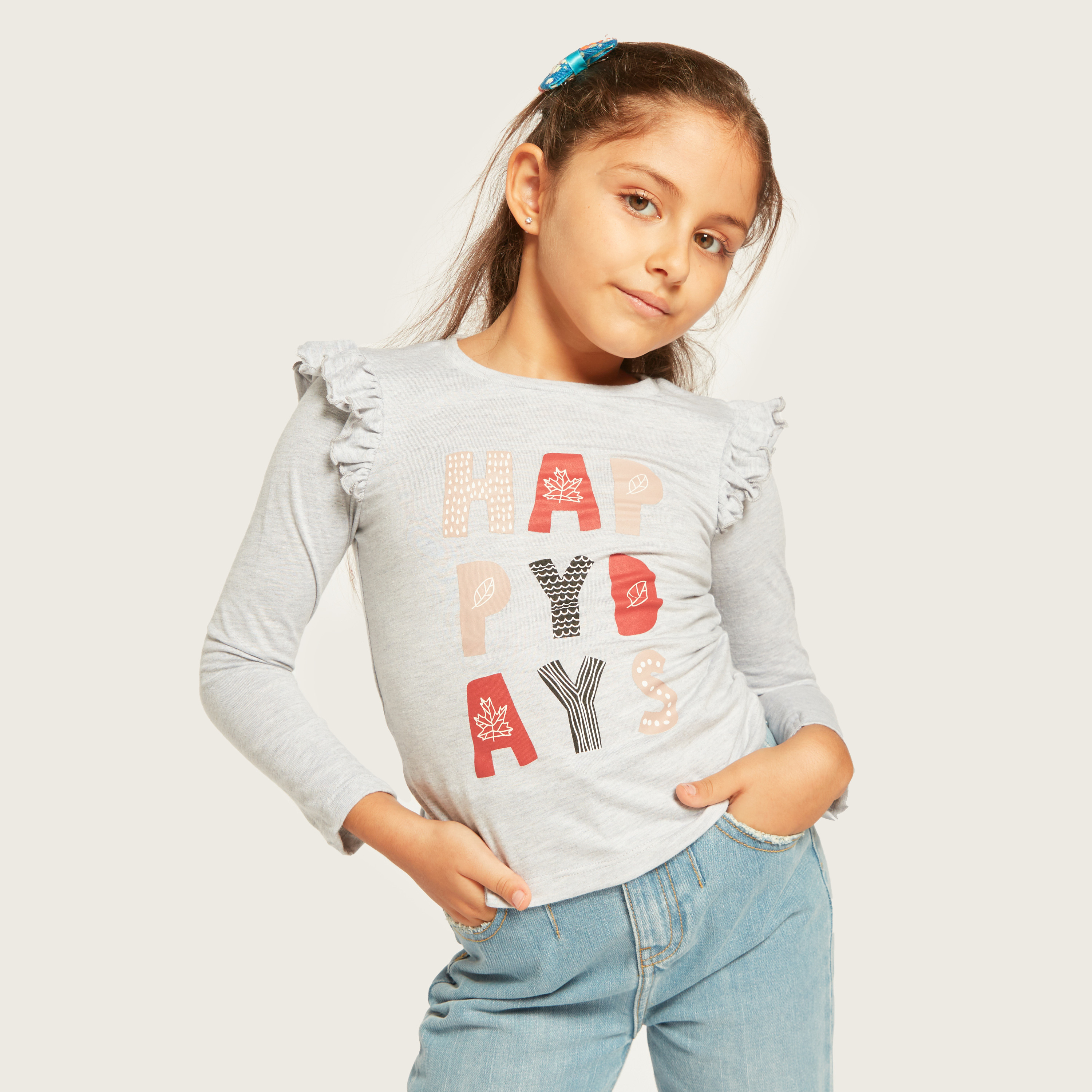 Juniors Printed T-shirt with Long Sleeves and Ruffle Detail - Set of 5-girls-clothing-multipacks-image-6