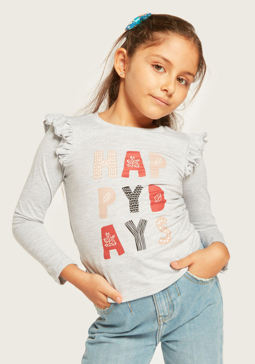 Juniors Printed T-shirt with Long Sleeves and Ruffle Detail - Set of 5-T Shirts-image-5