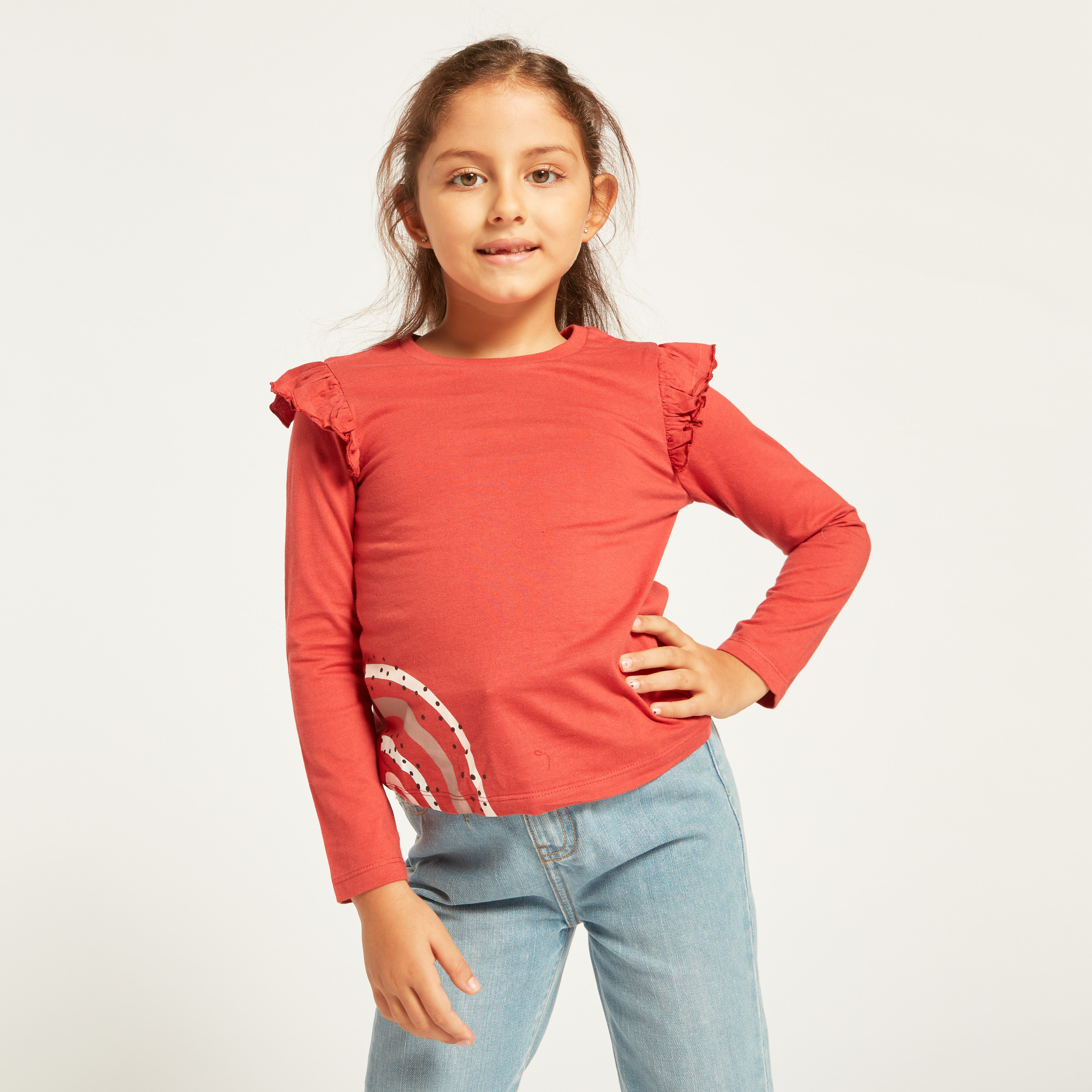 Juniors Printed T-shirt with Long Sleeves and Ruffle Detail - Set of 5-girls-clothing-multipacks-image-8
