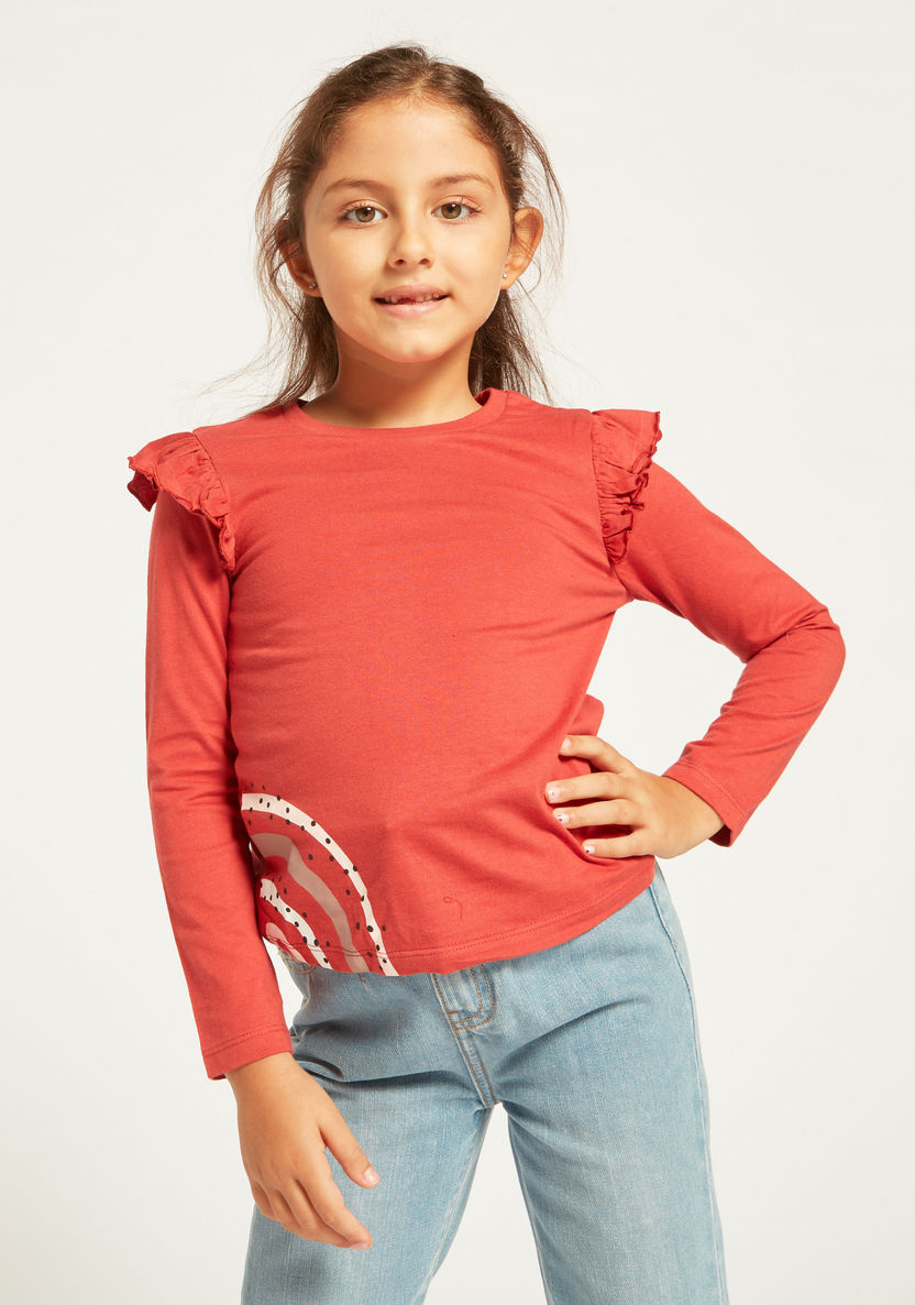 Juniors Printed T-shirt with Long Sleeves and Ruffle Detail - Set of 5-T Shirts-image-7