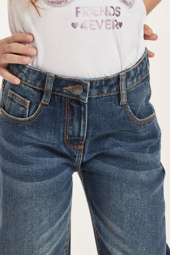 Juniors Solid Denim Pants with Pockets and Button Closure
