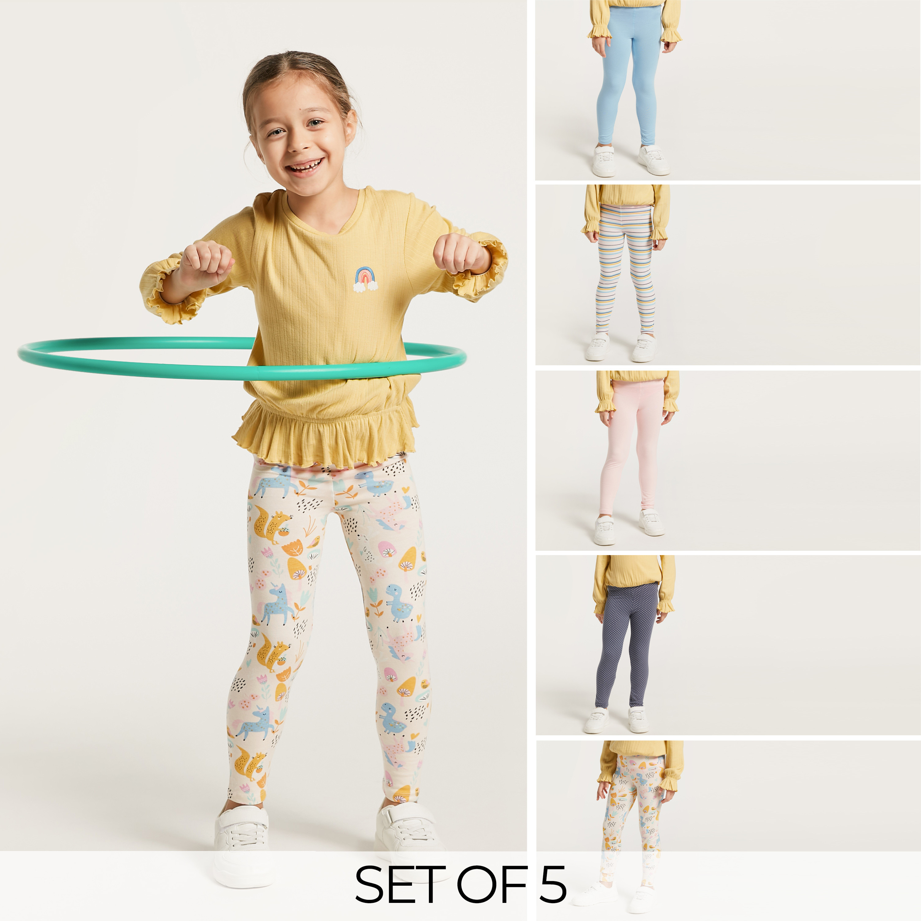 Juniors Assorted Leggings with Elasticated Waistband - Set of 5-baby-girls-clothing-bottoms-leggings-image-1