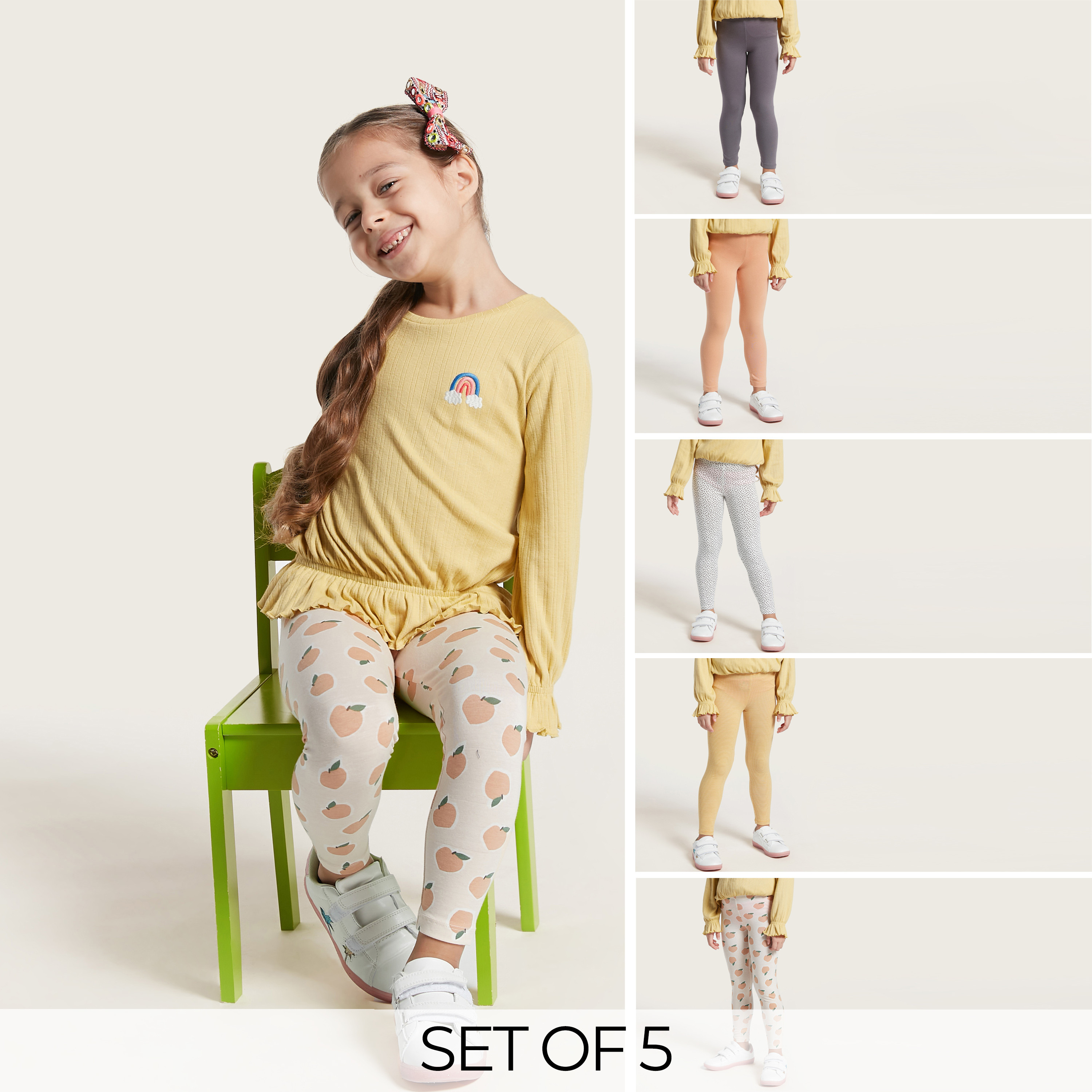 Juniors Assorted Leggings with Elasticated Waistband - Set of 5-baby-girls-clothing-bottoms-leggings-image-1