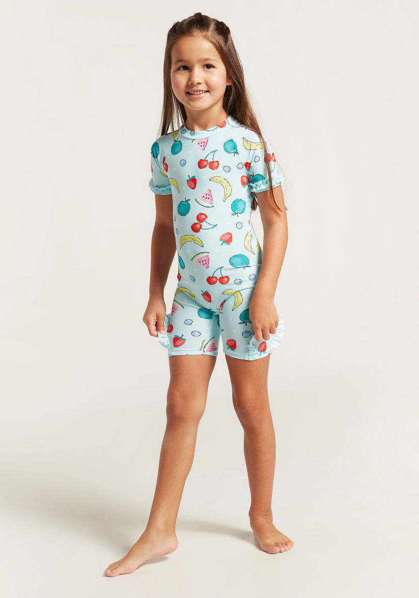 Juniors All-Over Printed Swimsuit with Short Sleeves-Swimwear-image-1
