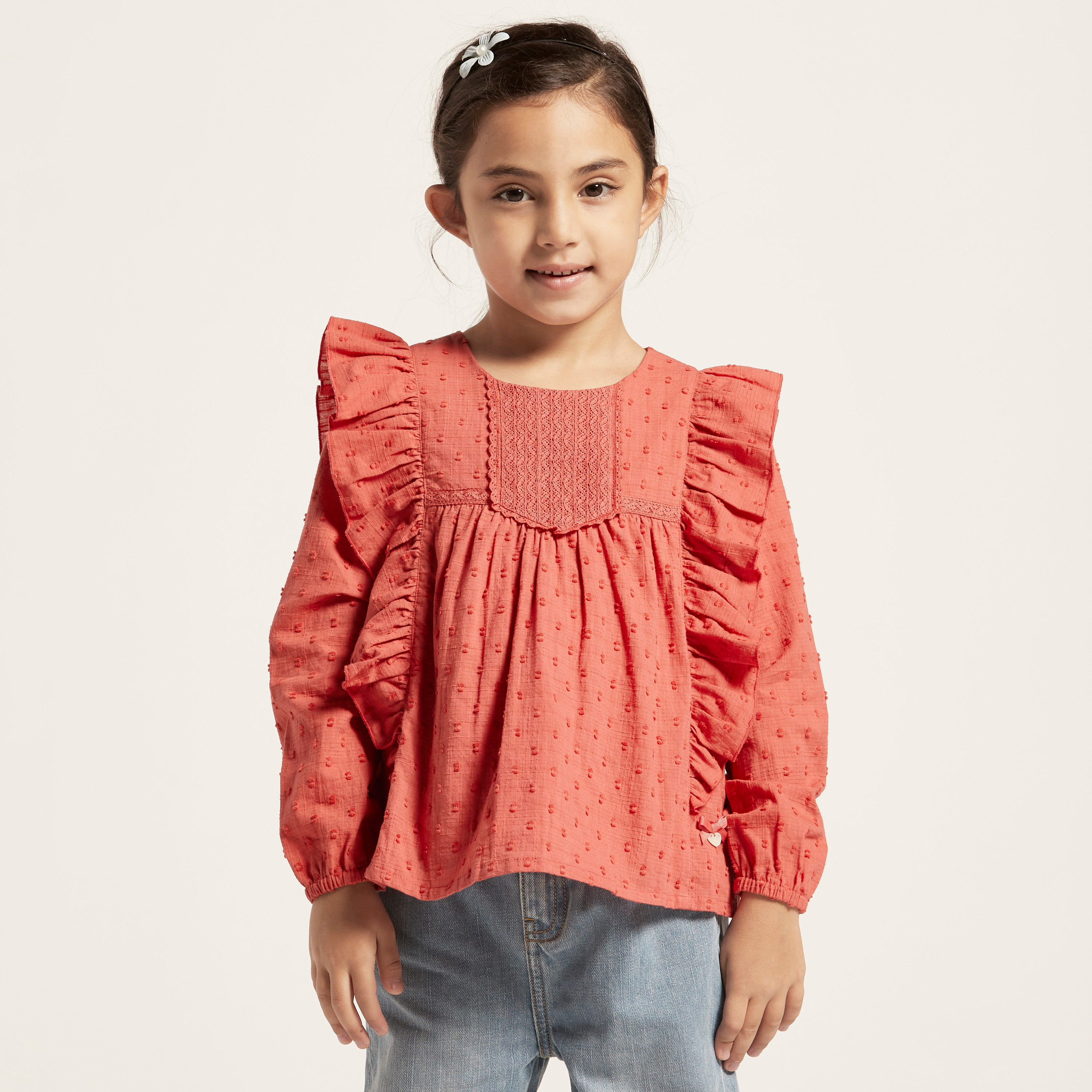 بلوزة بارزة الملمس بأكمام طويلة وكشكش-girls-clothing-blousesandshirts-image-2