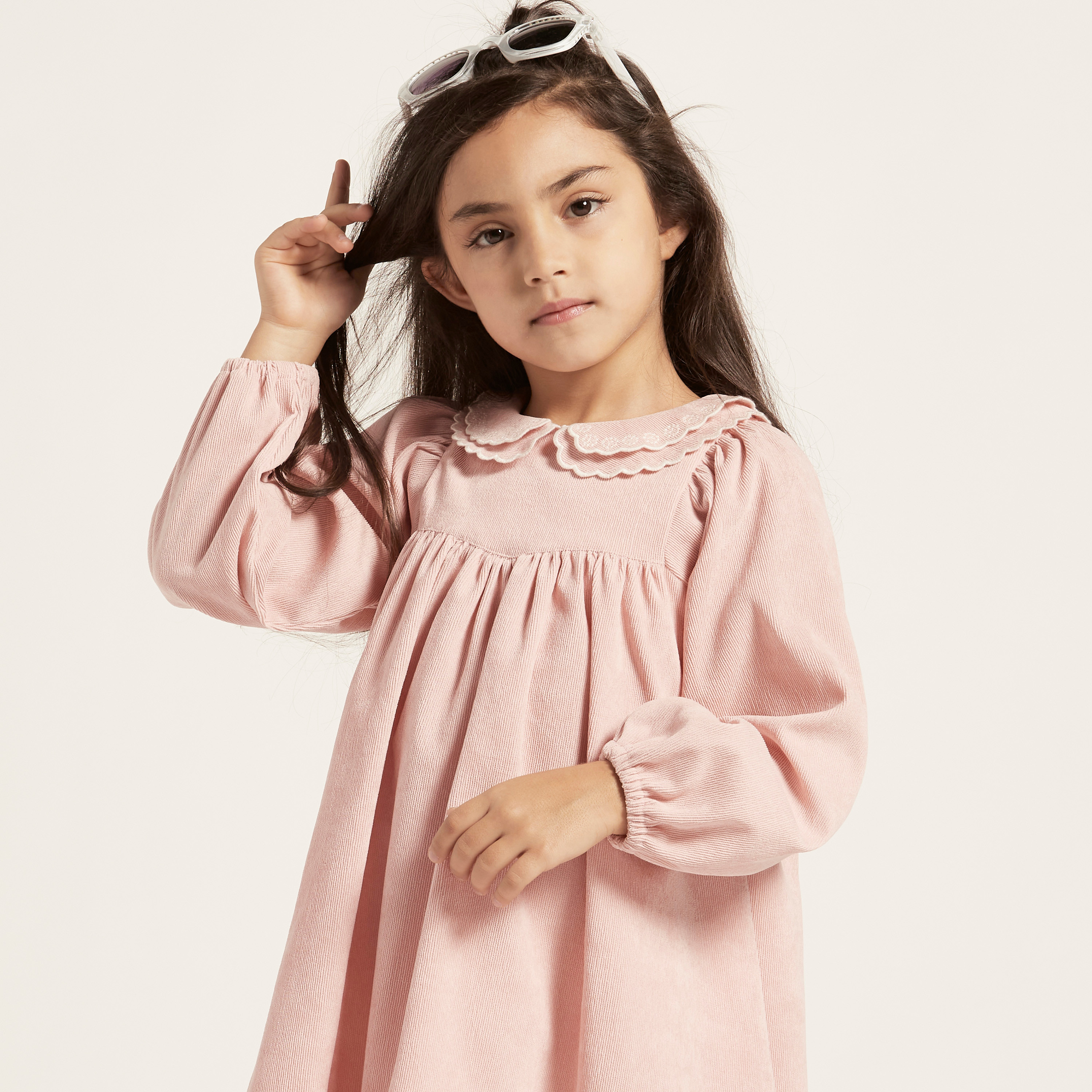 Buy Eligo Textured Dress with Peter Pan Collar and Long