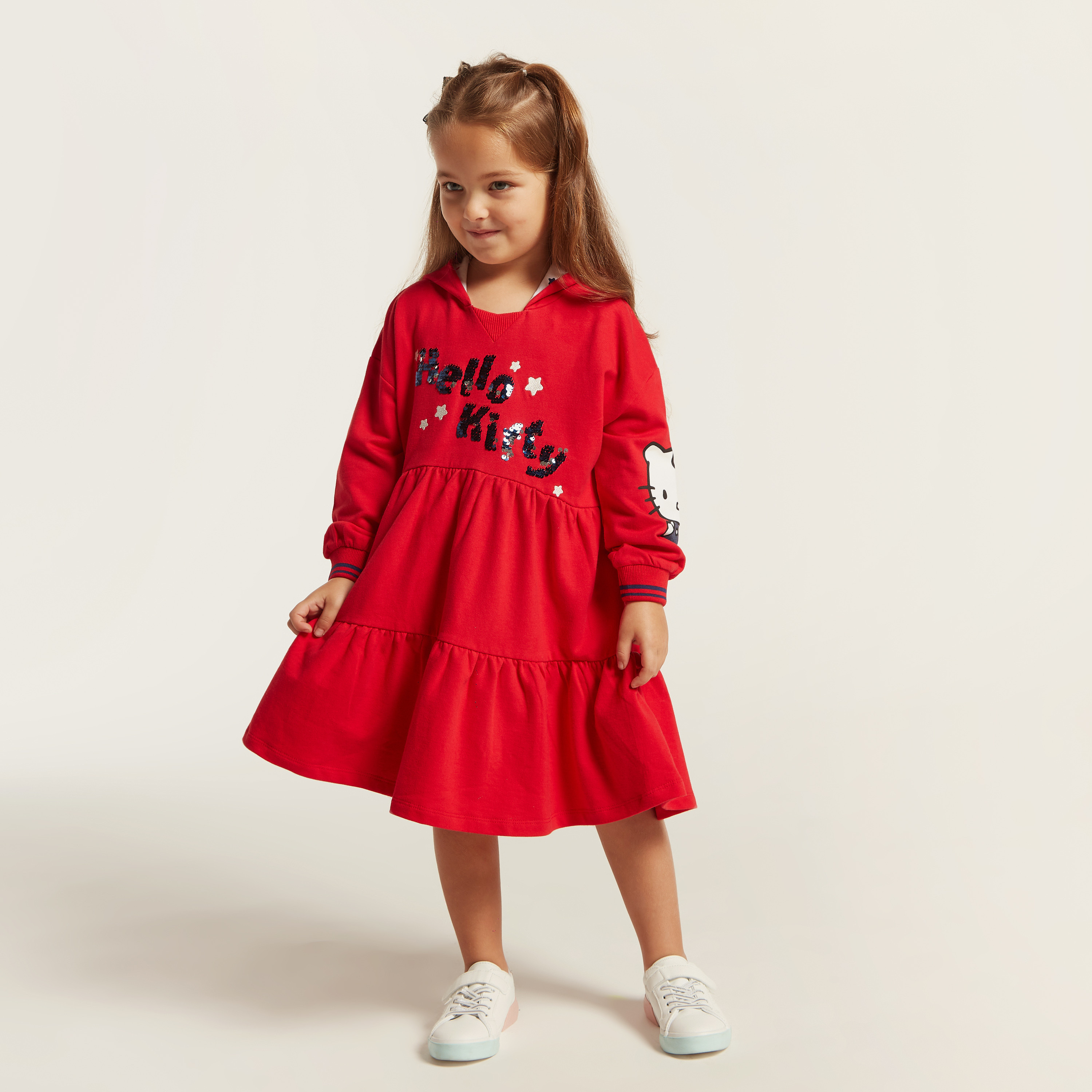 فستان إيه لاين بأكمام طويلة وقبعة وتزيينات هالو كيتي من سانريو-girls-clothing-dressesandjumpsuits-image-1