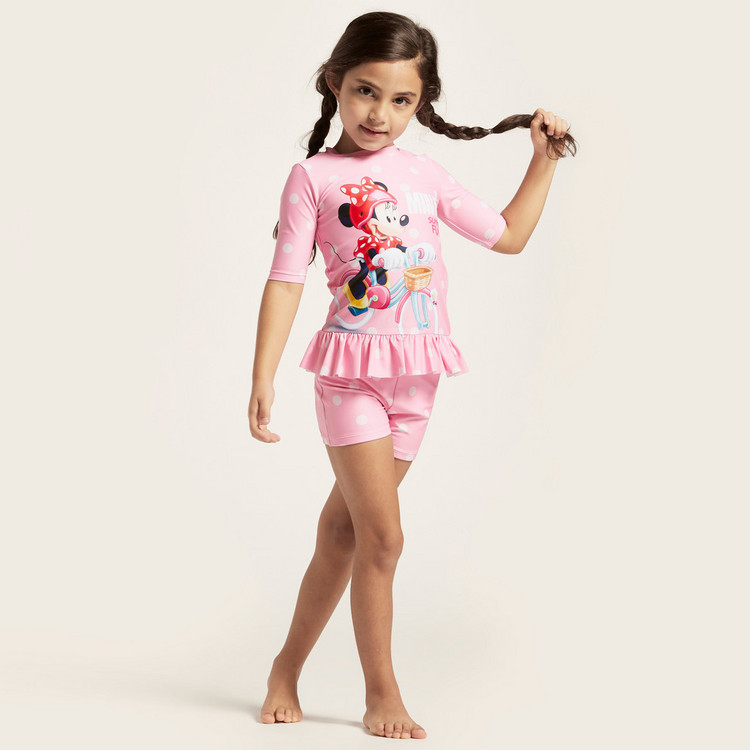 Disney Minnie Mouse Print 2-Piece Swimsuit with Three Quarter Sleeves