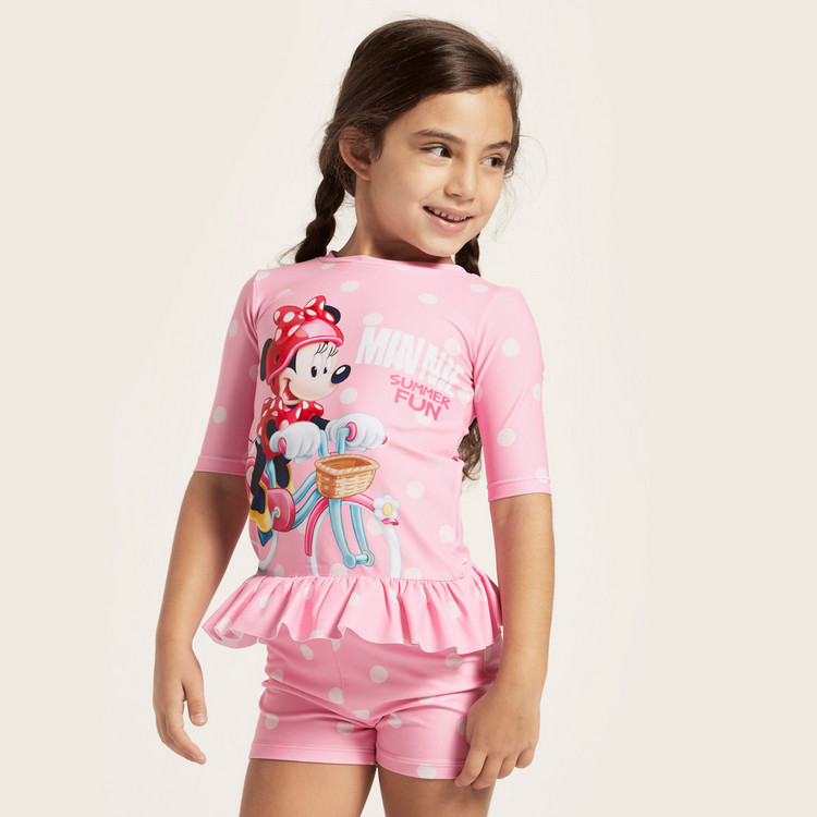 Disney Minnie Mouse Print 2-Piece Swimsuit with Three Quarter Sleeves