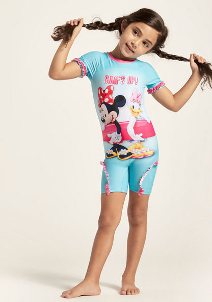 Minnie Mouse Print Swimsuit with Ruffle Detail and Short Sleeves-Swimwear-image-0
