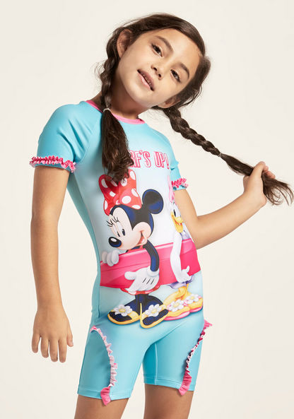 Minnie Mouse Print Swimsuit with Ruffle Detail and Short Sleeves