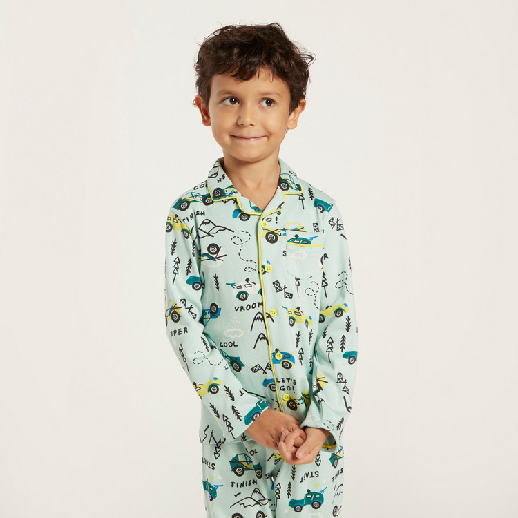Juniors Printed Collared Shirt and Pyjama Set