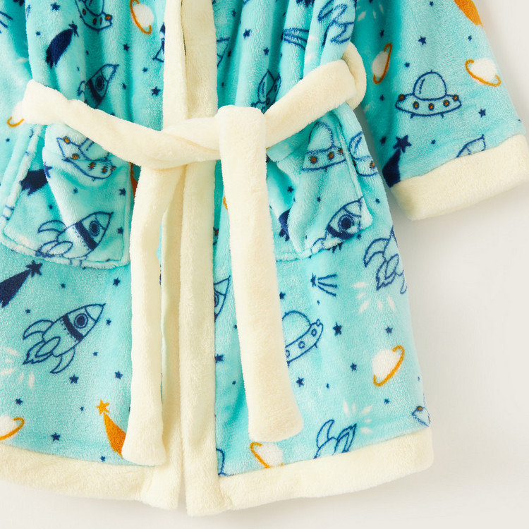Juniors Space Print Bathrobe with Tie-Up and Hood