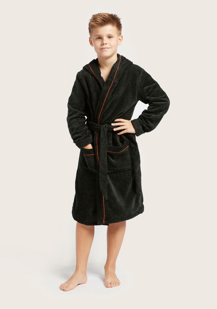 Juniors Embroidered Bathrobe with Long Sleeves and Piping Detail-Towels and Flannels-image-0