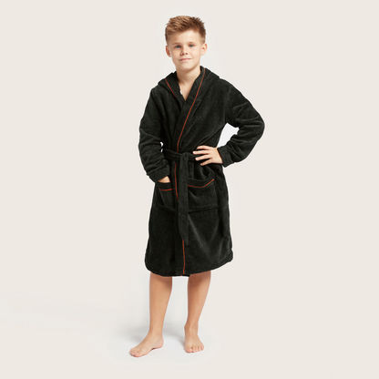 Juniors Embroidered Bathrobe with Long Sleeves and Piping Detail