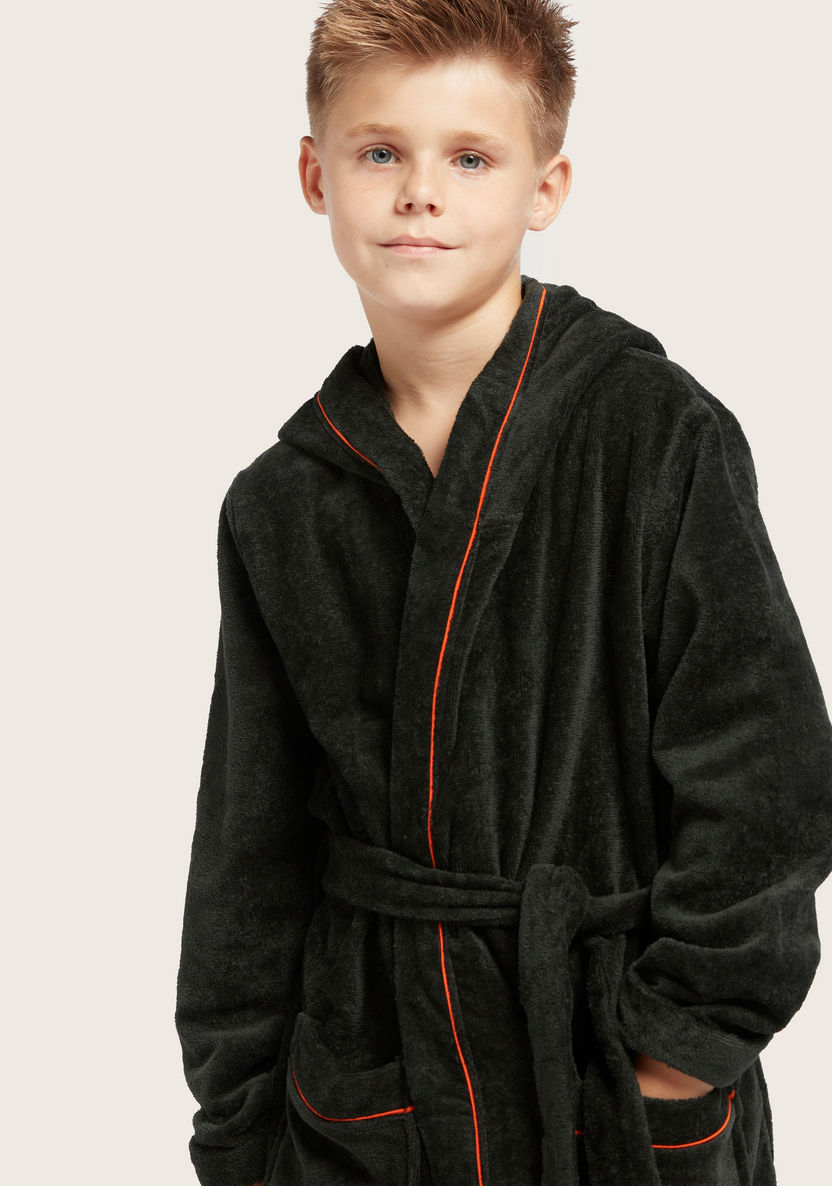 Juniors Embroidered Bathrobe with Long Sleeves and Piping Detail-Towels and Flannels-image-1