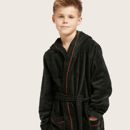 Juniors Embroidered Bathrobe with Long Sleeves and Piping Detail