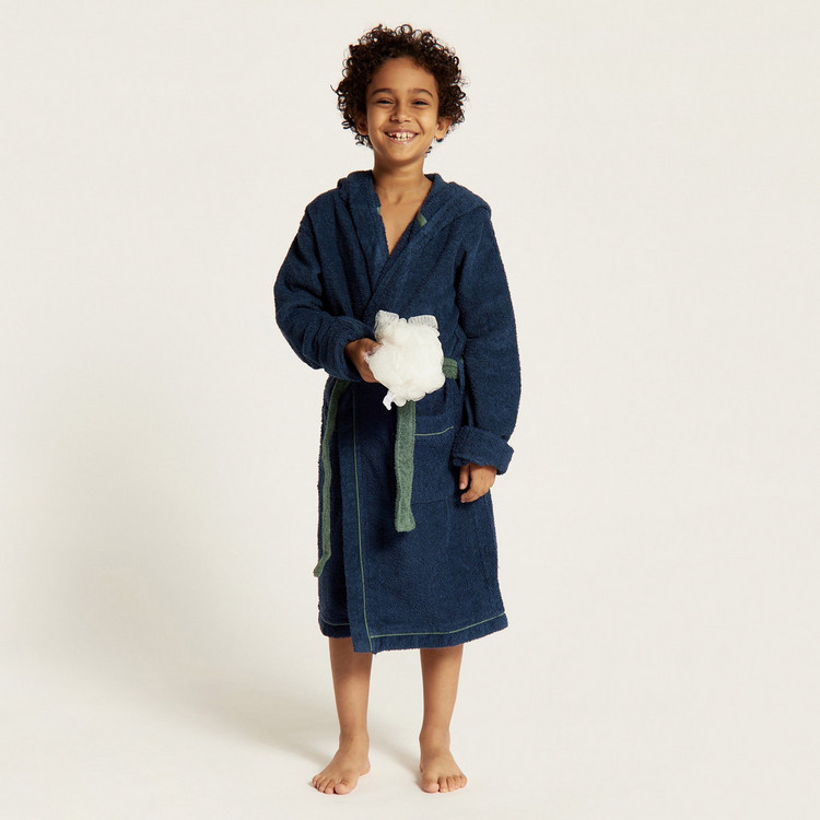 Textured Hooded Bathrobe with Long Sleeves and Tie-Up Belt
