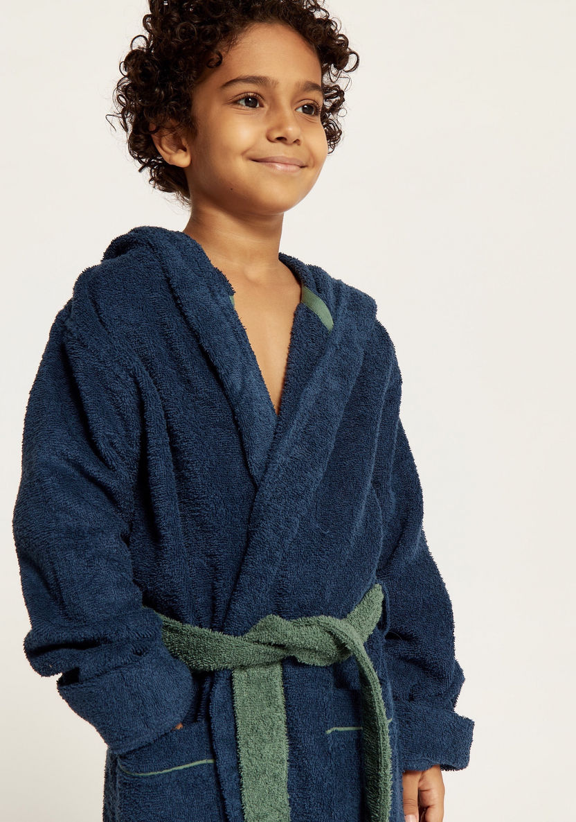 Textured Hooded Bathrobe with Long Sleeves and Tie-Up Belt-Towels and Flannels-image-2