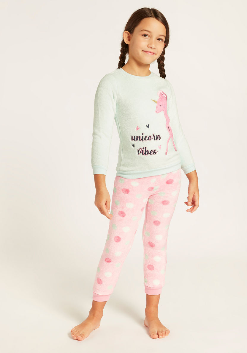 Juniors Unicorn Embroidered T-shirt and Full Length Pyjama Set-Nightwear-image-1
