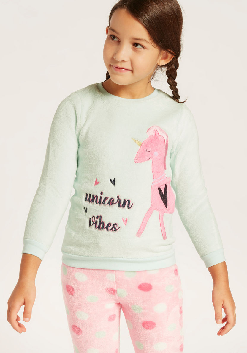 Juniors Unicorn Embroidered T-shirt and Full Length Pyjama Set-Nightwear-image-2