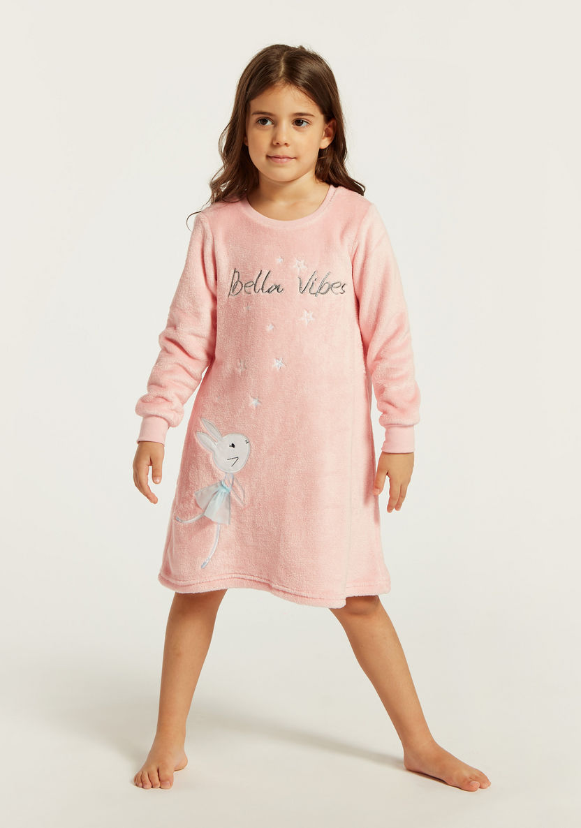 Juniors Embroidered Night Dress with Long Sleeves-Nightwear-image-0