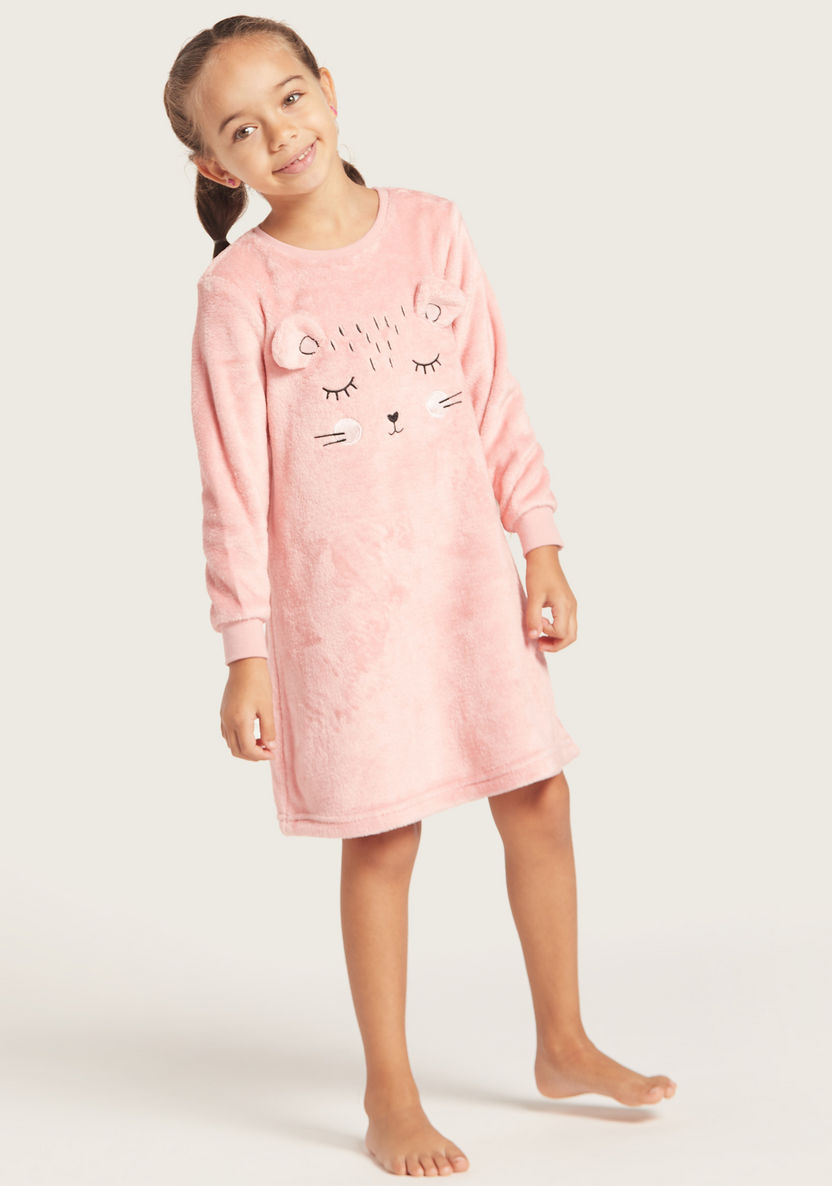 Juniors Printed Crew Neck Nightdress with Applique Detail-Pyjama Sets-image-1