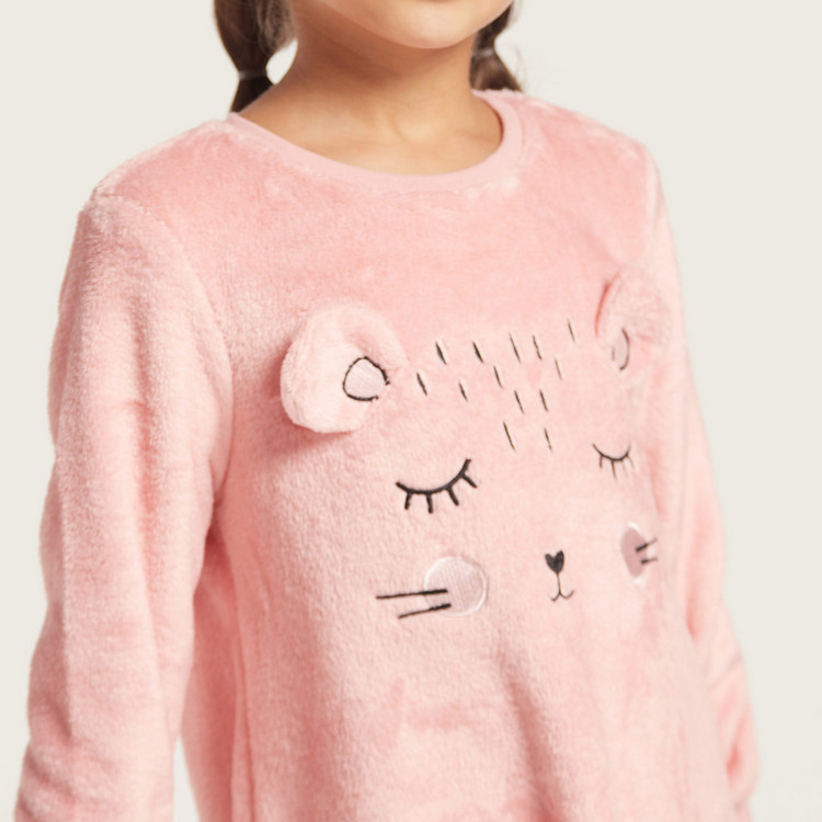 Juniors Printed Crew Neck Nightdress with Applique Detail