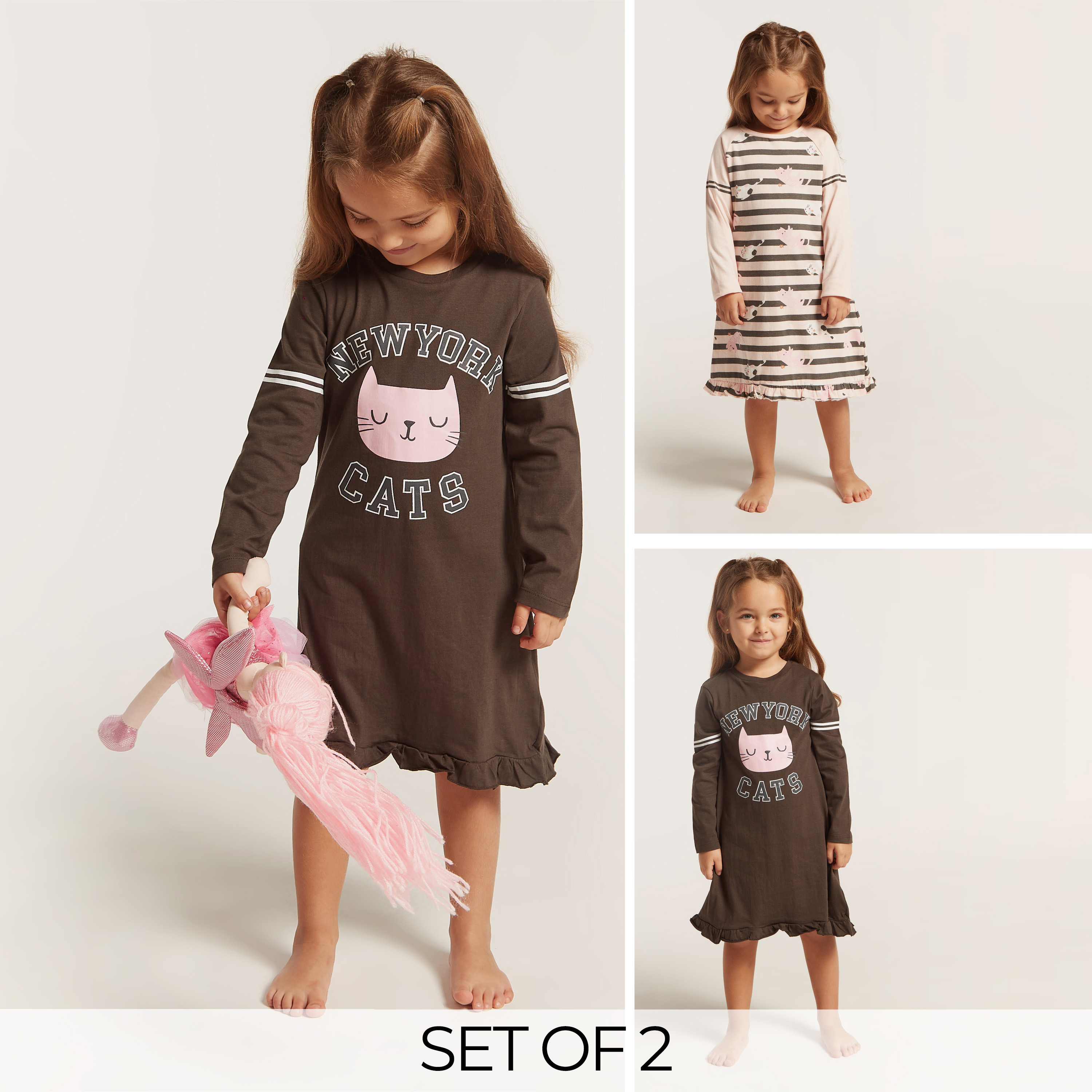 Juniors Printed Night Dress with Long Sleeves - Set of 2-girls-clothing-nightwear-image-1