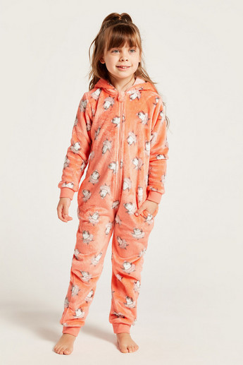 Juniors All-Over Printed Hooded Onesie with Long Sleeves and Zip Closure