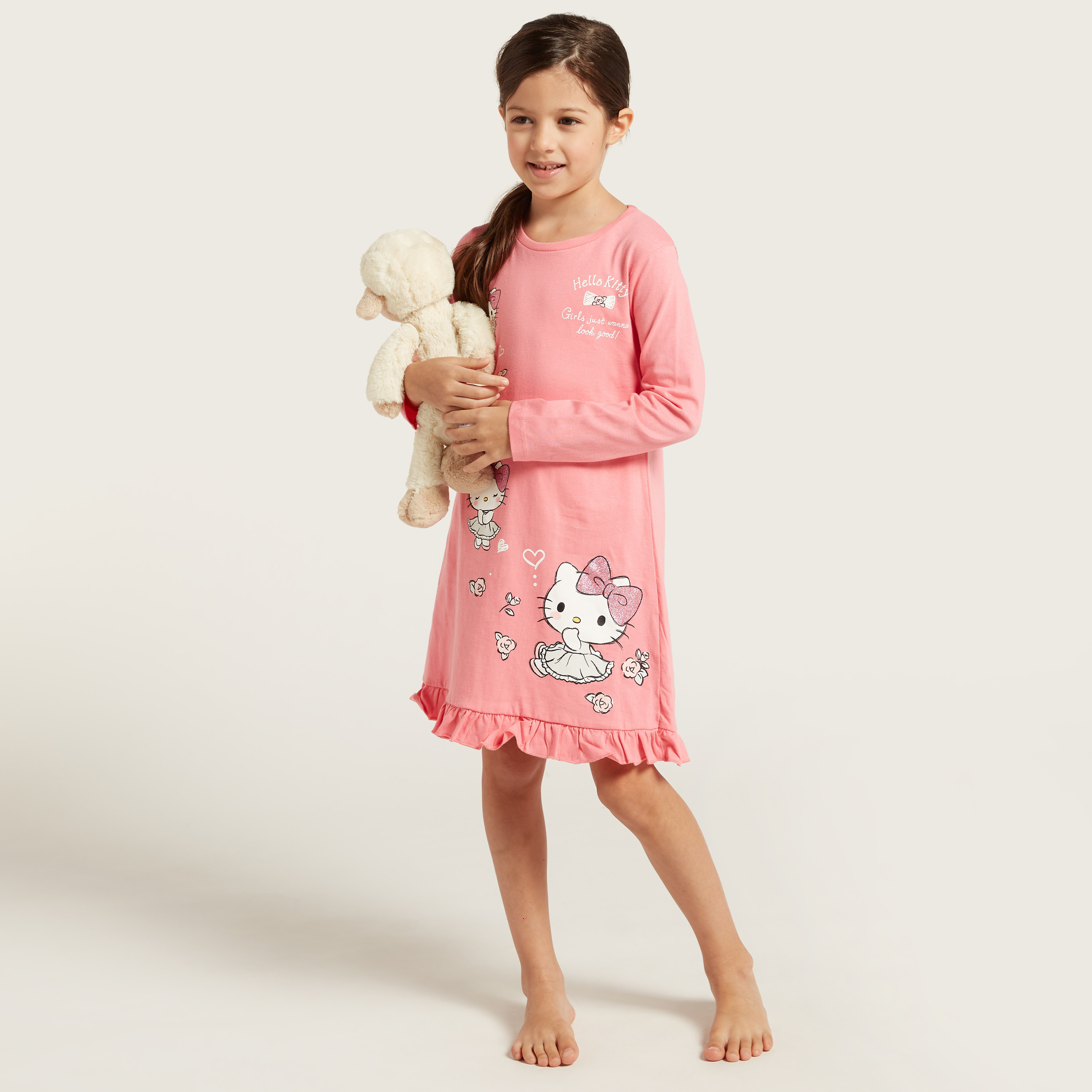 Pink Color Pure Cotton Printed Sinina Girls Night Dress-MARI118PK